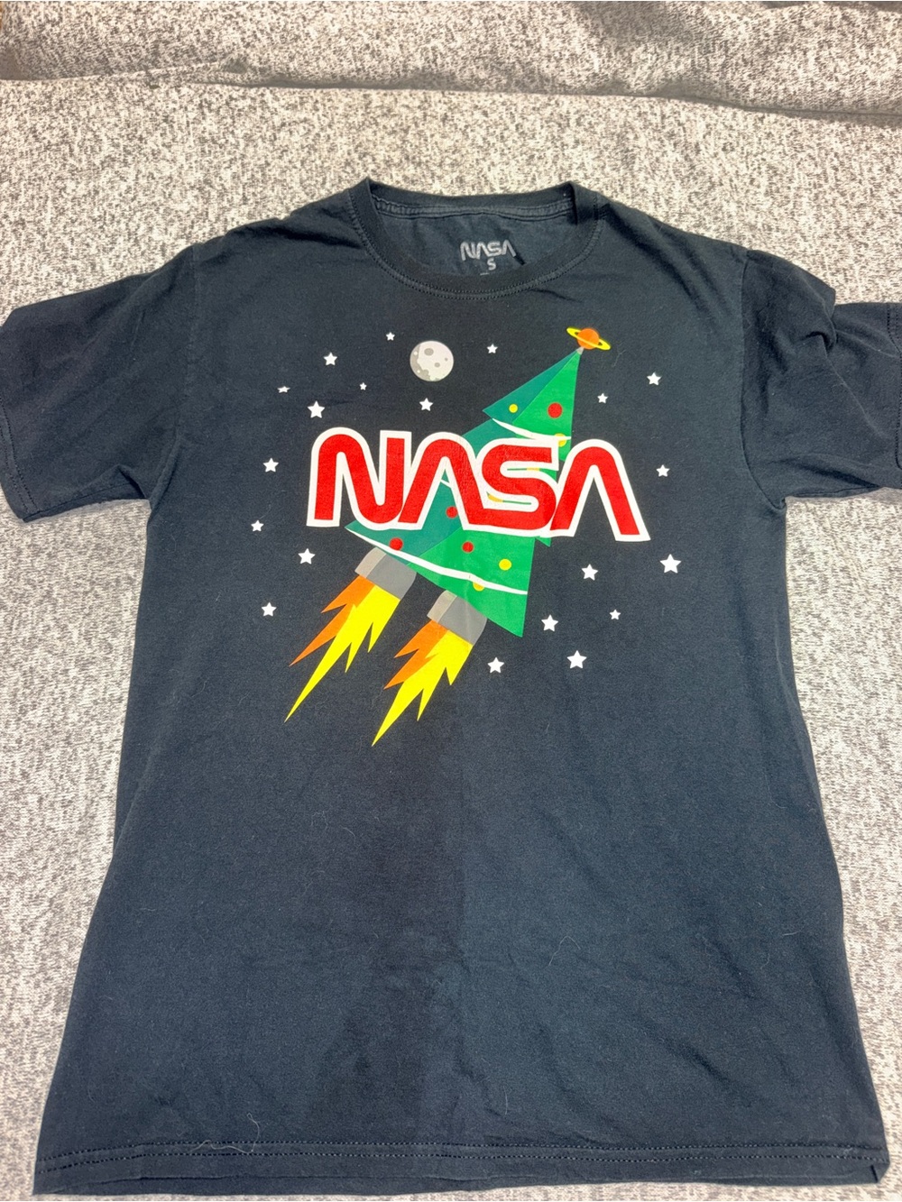 Men’s Black NASA Graphic Tee with Rocket Christmas Tree